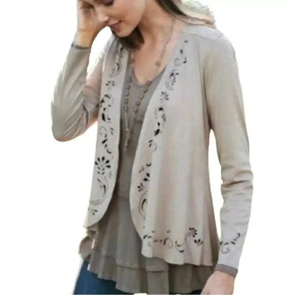 Soft Surroundings Tan Suede Floral Eyelet Cardigan - Picture 1 of 6